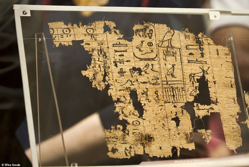 A visitor looks at one of the oldest papyri in the history of Egyptian writing among the collection of King Khufu papyri discovered at Wadi El-Jarf port, as it is on display for the first time at the Egyptian museum in Cairo, Egypt, Thursday, July 14, 2016. (AP Photo/Amr Nabil)