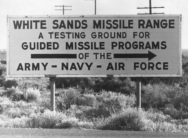 September 1963: A sign indicating the direction of the White Sands Missile Range in Alamagordo, New Mexico. (Photo by Keystone Features/Getty Images)