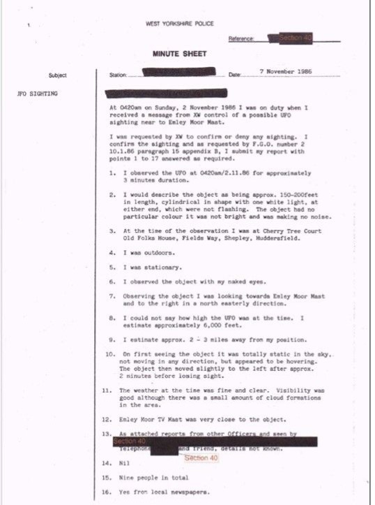 A police officer's report of a UFO sighting near Emley Moor TV mast on November 2 1986.
